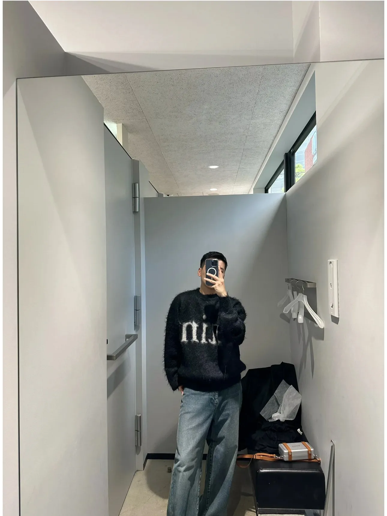 ❥4029#P226 SAINT Mxxxxxx × DENIM TERAS mohair sweater long sleeves BTS same style loose short design + fluffy version same style for men and women Color: Black Size: S M L XL